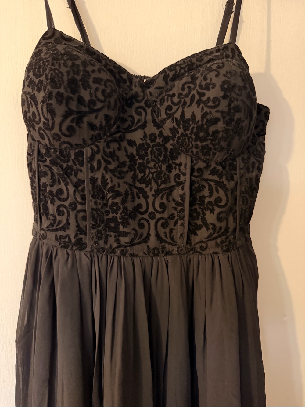 Strapless Black Floral Burnout Bustier Evening Dress